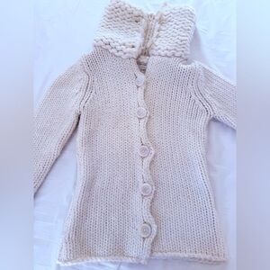 Super soft, cozy off-white wool cardigan with large button up Peter Pan collar